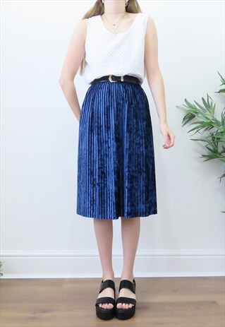 80S VINTAGE DARK BLUE VELVET PLEATED MIDI SKIRT