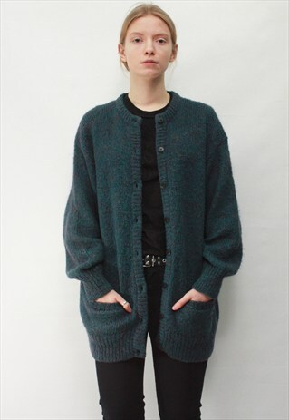 VINTAGE 90' AMAZING BEAUTIFUL LONG BLUE MOHAIR CARDIGAN
