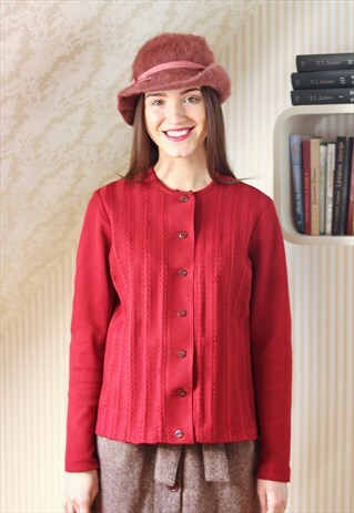 CHERRY RED KNITTED CROCHET FRON SHIRT