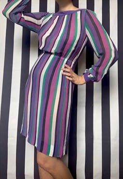 Vintage 80s striped chiffon dress, purple green, uk8-14