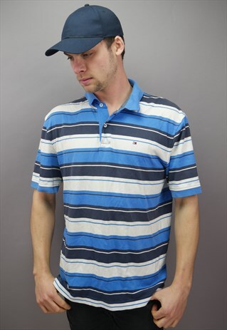VINTAGE TOMMY HILFIGER STRIPED POLO SHIRT IN BLUE