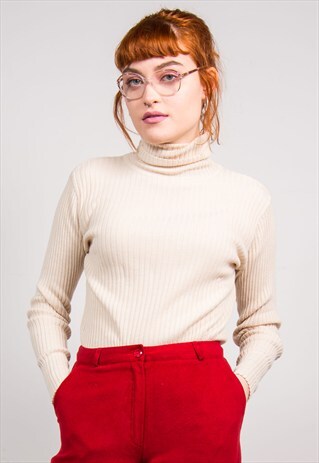 90'S VINTAGE CREAM RIBBED ROLL NECK KNIT TOP JUMPER