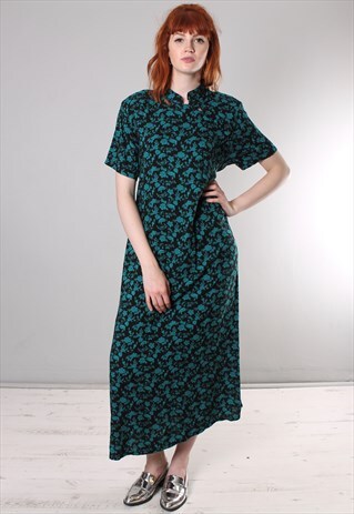 VINTAGE 80S FLORAL PATTERNED CHINESE TIE BACK MAXI DRESS