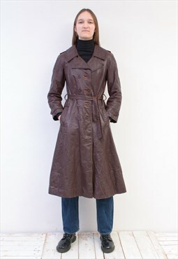 Vintage 80's Women's M Leather Brown Belted Coat Overcoat 