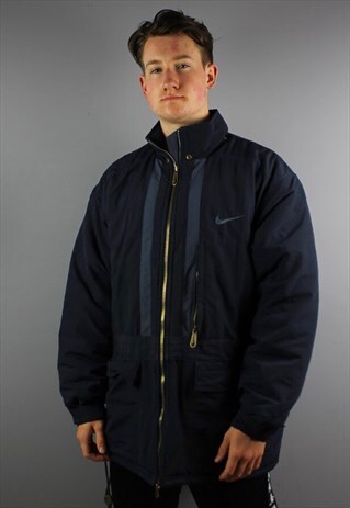 VINTAGE NIKE PADDED PUFFER COAT IN NAVY WITH EMBROIDERED LOG