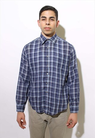 VINTAGE 1970'S 70'S BLUE PLAID TARTAN BUTTON DOWN SHIRT S-M