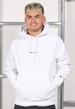 Vintage Champion Hoodie in White Pullover Jumper Small