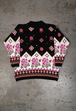 Vintage Patterned Knitted Jumper Black Flower Cottagecore