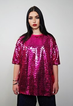 Pink sequin top embellished luxury embroidered shiny t-shirt