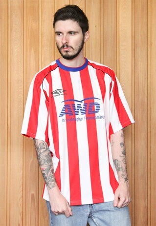 VINTAGE 1990S RED AND WHITE STRIPED UMBRO FOOTBALL SHIRT