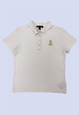 White Short Sleeved Cotton Gold 1/2 Button Up Polo Shirt