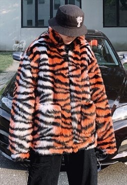 Zebra fleece jacket animal print faux fur tiger coat orange