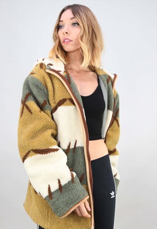 VINTAGE 90S OVERSIZED PATTERNED TEDDY FLEECE JACKET HOOD