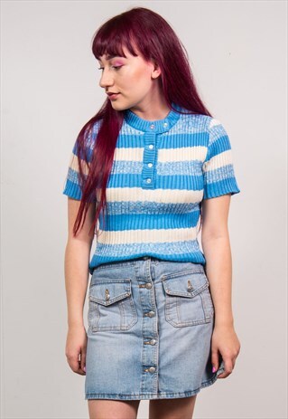 VINTAGE 70'S BLUE & WHITE KNIT RIBBED QUARTER BUTTON TOP