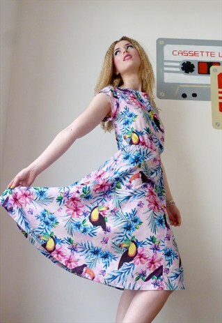 ANDREA PINK TOUCAN / FLORAL 50'S STYLE COTTON DRESS