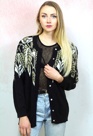1980S VINTAGE BLACK AND GOLD LEAF KNIT MOHAIR CARDIGAN