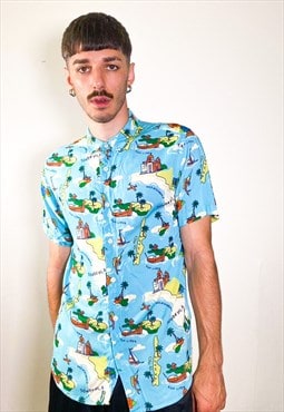 Y2K turquoise hawaian cartoon shirt 