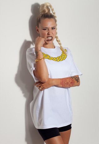 90'S INSPIRED BOX FIT POP ART CHUNKY CHAIN T-SHIRT IN WHITE