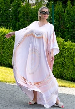 White and Pink Marble Dress, Abaya Dress, Satin Maxi Dress
