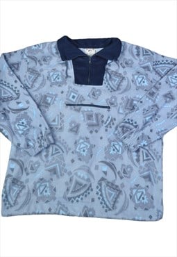 Vintage Fleece  1/4 Zip Retro Pattern Blue Large