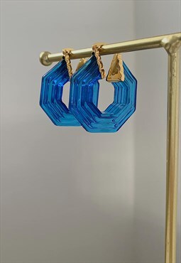Cobalt Blue Octagon Statement Hoop Earrings