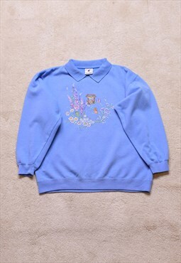 Women's True Vintage 90s Cat Embroidered Blue Sweater