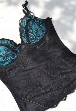 Vintage black/blue lace/tulle stretch corset bustier bra top
