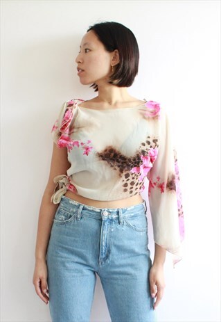 Y2K CREAM FLORAL LEOPARD PRINT ONE SHOULDER BELL SLEEVE TOP