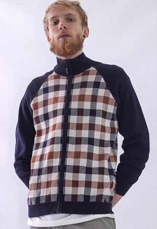 VINTAGE MENS AQUASCUTUM PLAID CHECK FULL ZIP JUMPER SWEATER