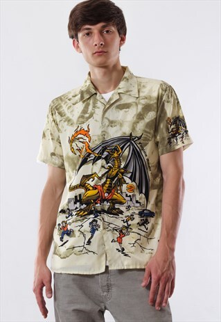 VINTAGE GRAPHIC DRAGON HAWAIIAN 90S BEIGE ALOHA PATTERNED