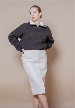 Vintage 80s High Waist Button Up Front Pencil Skirt in Cream