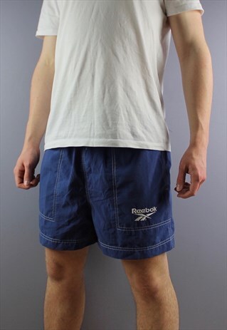 VINTAGE REEBOK SHORTS IN BLUE WITH POCKETS, EMBROIDERED LOGO