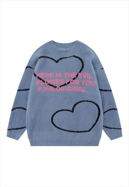 Heart print sweater knitted fluffy jumper skater top in blue