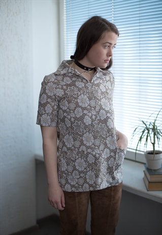 VINTAGE 60'S BEIGE FLOWER PRINT SHORT SLEEVED TOP