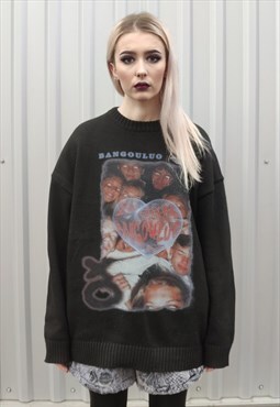 Retro creepy sweater print top vintage pattern jumper black