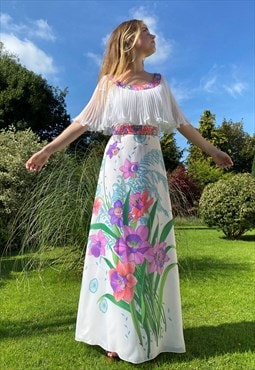 70's Vintage Dress White Fluted Cape Floral Maxi Small