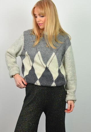 VINTAGE GREY DIAMOND PATTERN KNITTED JUMPER