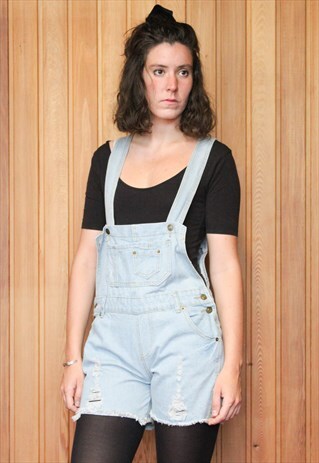 VINTAGE BLUE SHORT RIPPED DENIM DUNGAREES