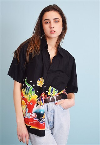 90'S RETRO FISH PRINT OVERSIZED SHIRT BLOUSE TOP