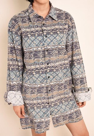 90S RETRO AZTEC BOHO WORKWEAR PRINT OVERSIZED SHIRT TOP
