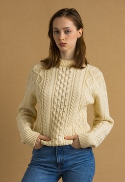 Wool Knitted Knit Crew Neck Fisherman Beige Sweater 6941