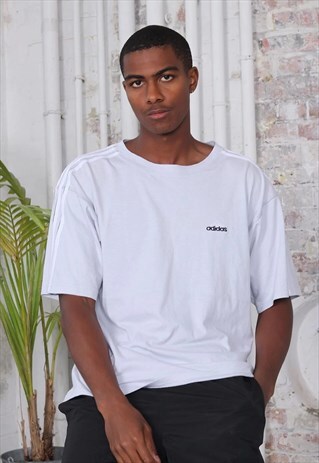 VINTAGE ADIDAS TEXT LOGO 3 STRIPE T-SHIRT WHITE BLACK
