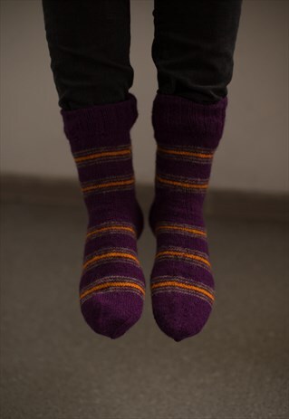 PURPLE HANDMADE STRIPED KNITTED WOOL SOCKS