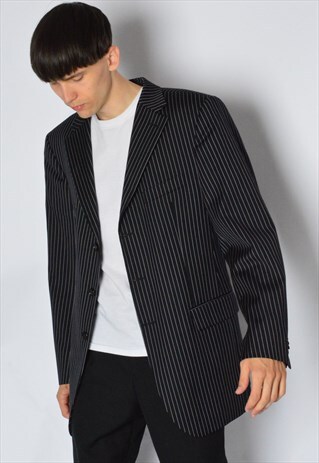 Y2K TOMMY HILFIGER BLACK GREY STRIPED WOOL BLAZER