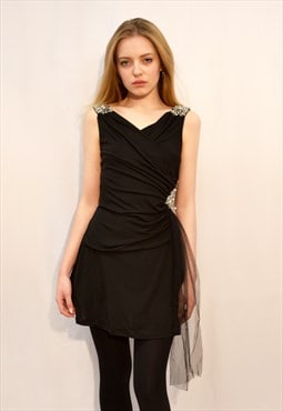 Crystal embellished shoulder and waist party dress in black
