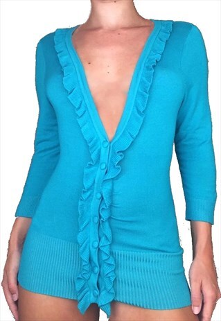 VINTAGE Y2K 90'S/00'S BLUE FRILLY LAPEL RIBBED CARDIGAN