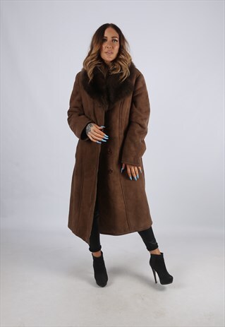 VINTAGE SHEEPSKIN SUEDE SHEARLING COAT LONG UK L 14 (J2G)