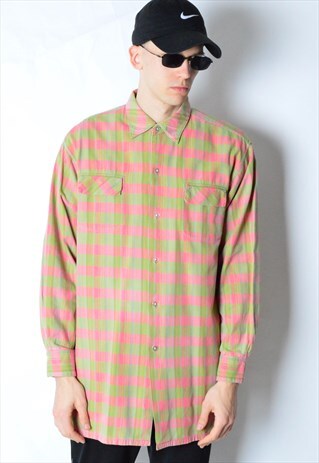 VINTAGE 90S PINK LIME GREEN CHECK LONG SLEEVE SHIRT