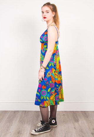 VINTAGE 70'S MULTICOLOUR BRIGHT FLORAL PATTERN MIDI DRESS