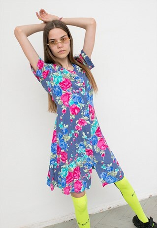 VINTAGE DRESS BLUE PINK FLORAL PATTERN MIDI DRESS BUTTON UP